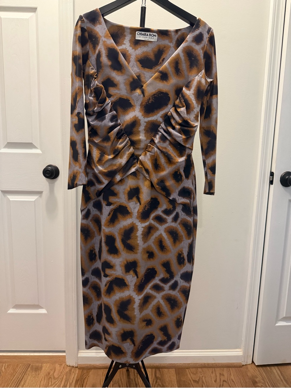 Chiara Boni Brown, Black & Gray Animal Print Long Sleeve Midi Dress